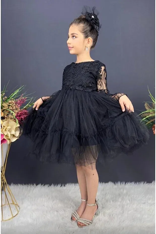 Детское платье для девочек кружевное Lace tulle buckled puffy evening dress please order one size up Lunas Tekstil, Black