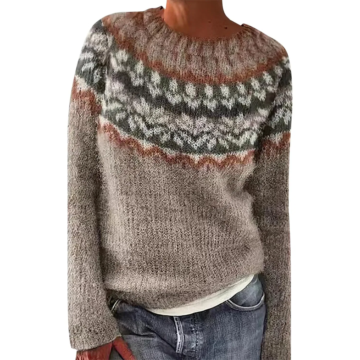 Женский свитер с принтом Fair Isle HUIFUAO, A03 Khaki