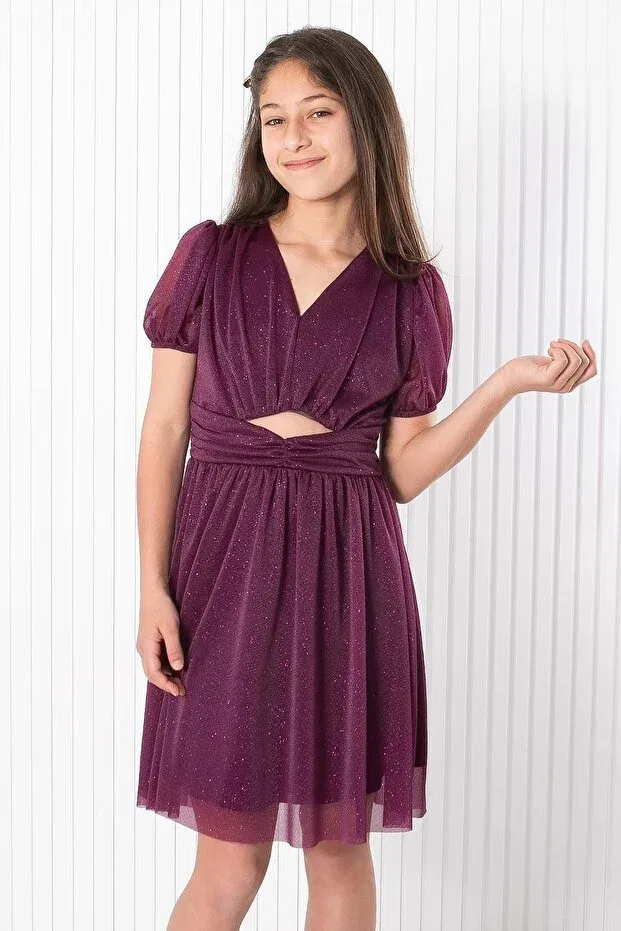 Детское платье для девочек с принтом Plum Colored Glitter Tulle Lined Balloon Sleeve Graduation Evening Dress Denimini, Murdum — фото 4