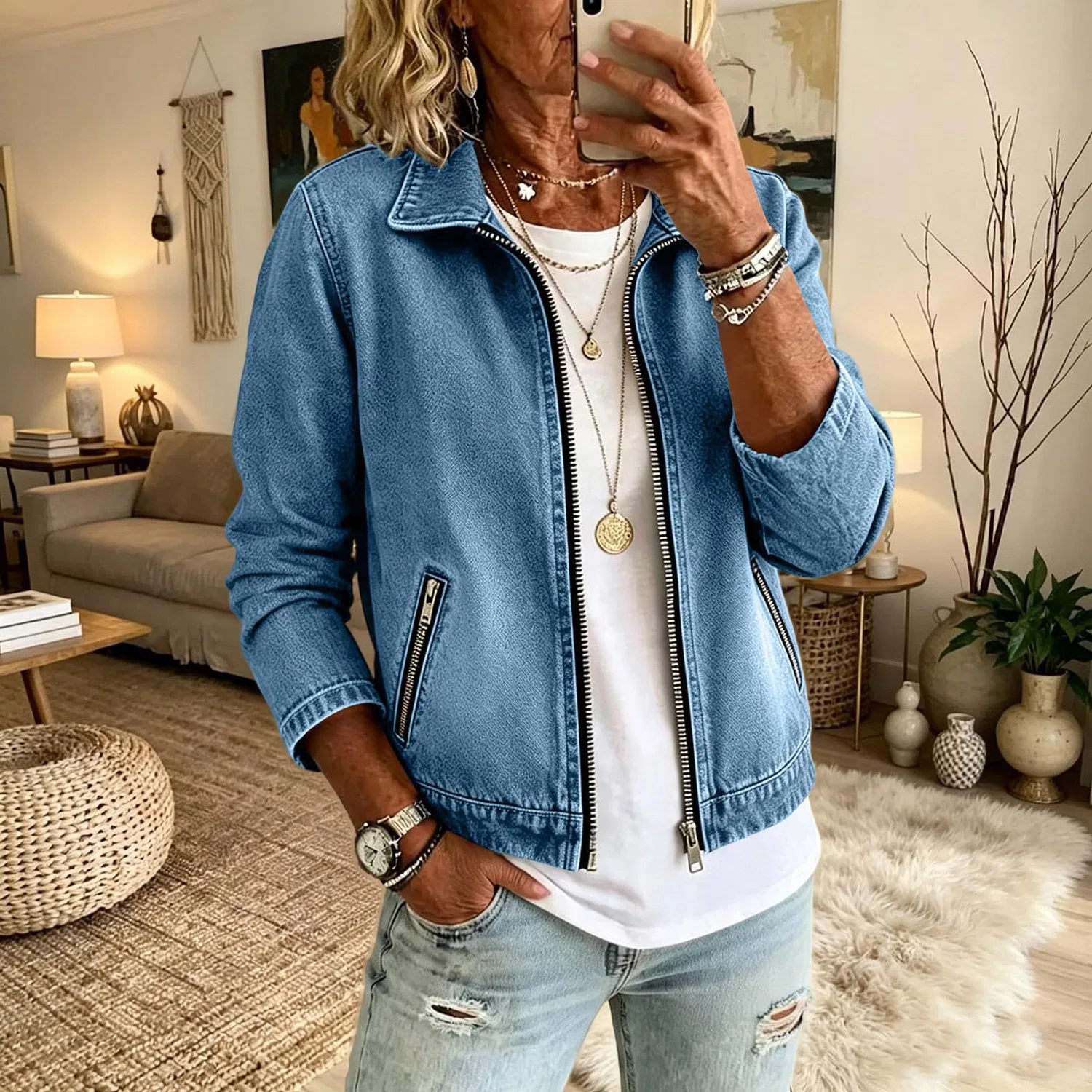 Женская джинсовая куртка с длинным рукавом, модель Uk invecchiato lavato boyfriend jeans, Blu cielo 1 — фото 2