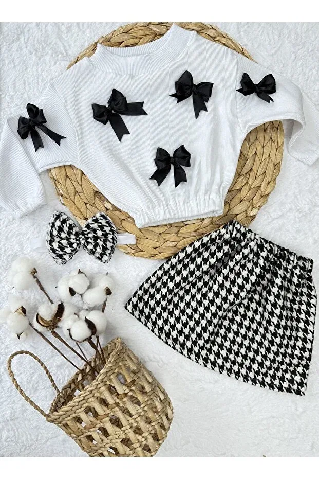 Детский комплект для девочек хлопковый Girl & baby set bow badi houndstooth skirt bandana set Akif Giyim, Black