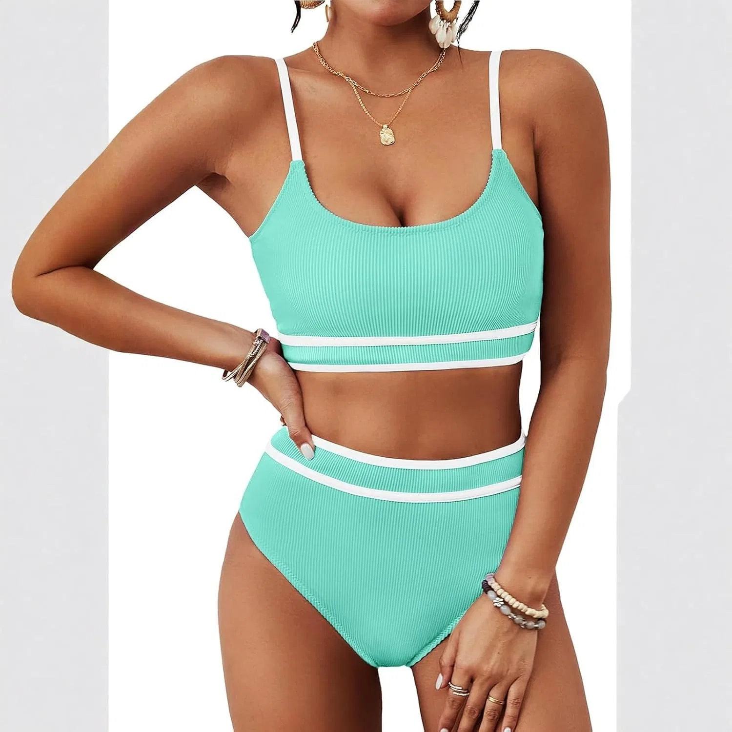 Женский купальный костюм с вырезами высокий талией, Mint Green — фото 3