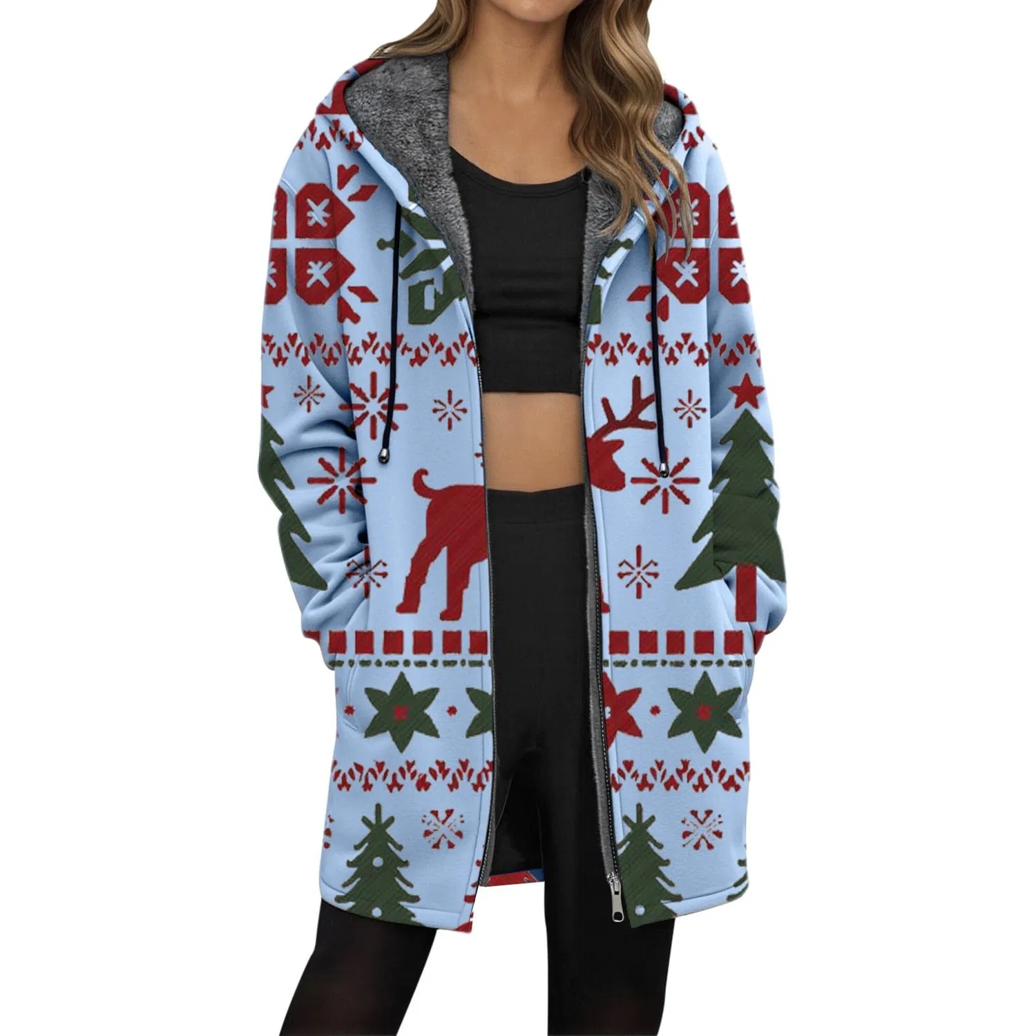 Женское теплое пальто с капюшоном и молнией, модель Cardigan natalizio, blu