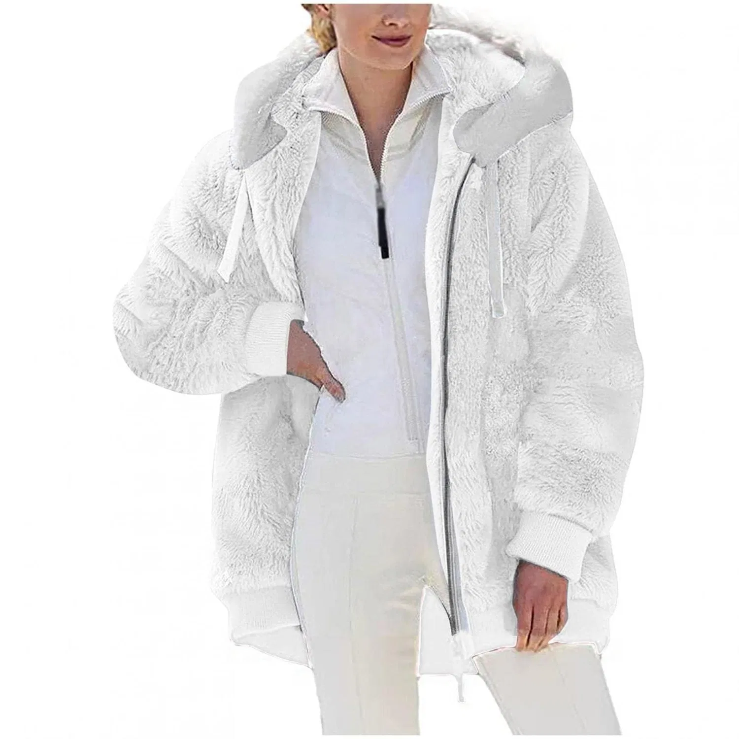 Женское пальто из флиса с длинным рукавом, без бренда, White