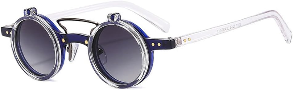 

Популярные модные маленькие круглые панк-солнцезащитные очки с двойной перемычкой для женщин, ретро-очки с откидными линзами, защита от УФ-излучения UV400, мужские солнцезащитные очки с заклепками TKKTLLT, Blue Clear Gray