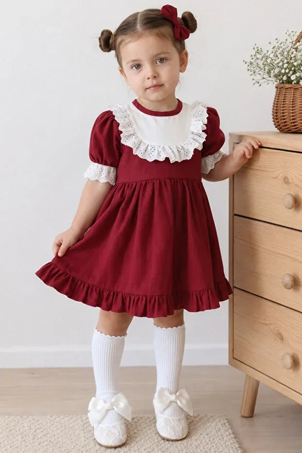 Детское платье для девочек хлопковое комплект платьев Ruby Frilly Lace Detailed Short Sleeve Parla Kids, Burgundy