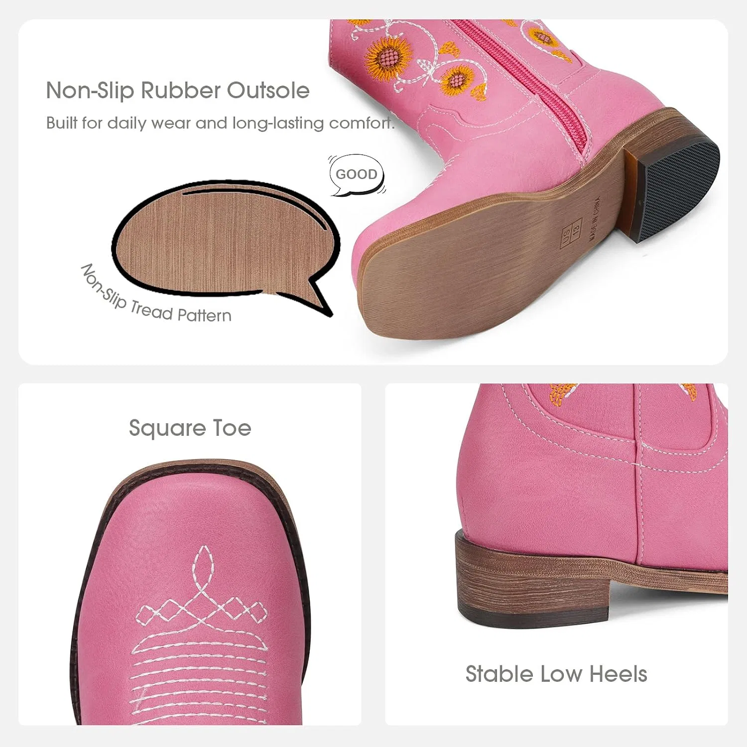 Детские сапоги для девочек с цветочной вышивкой Western Cowgirl Boots Bybmorto, Rose Pink — фото 4