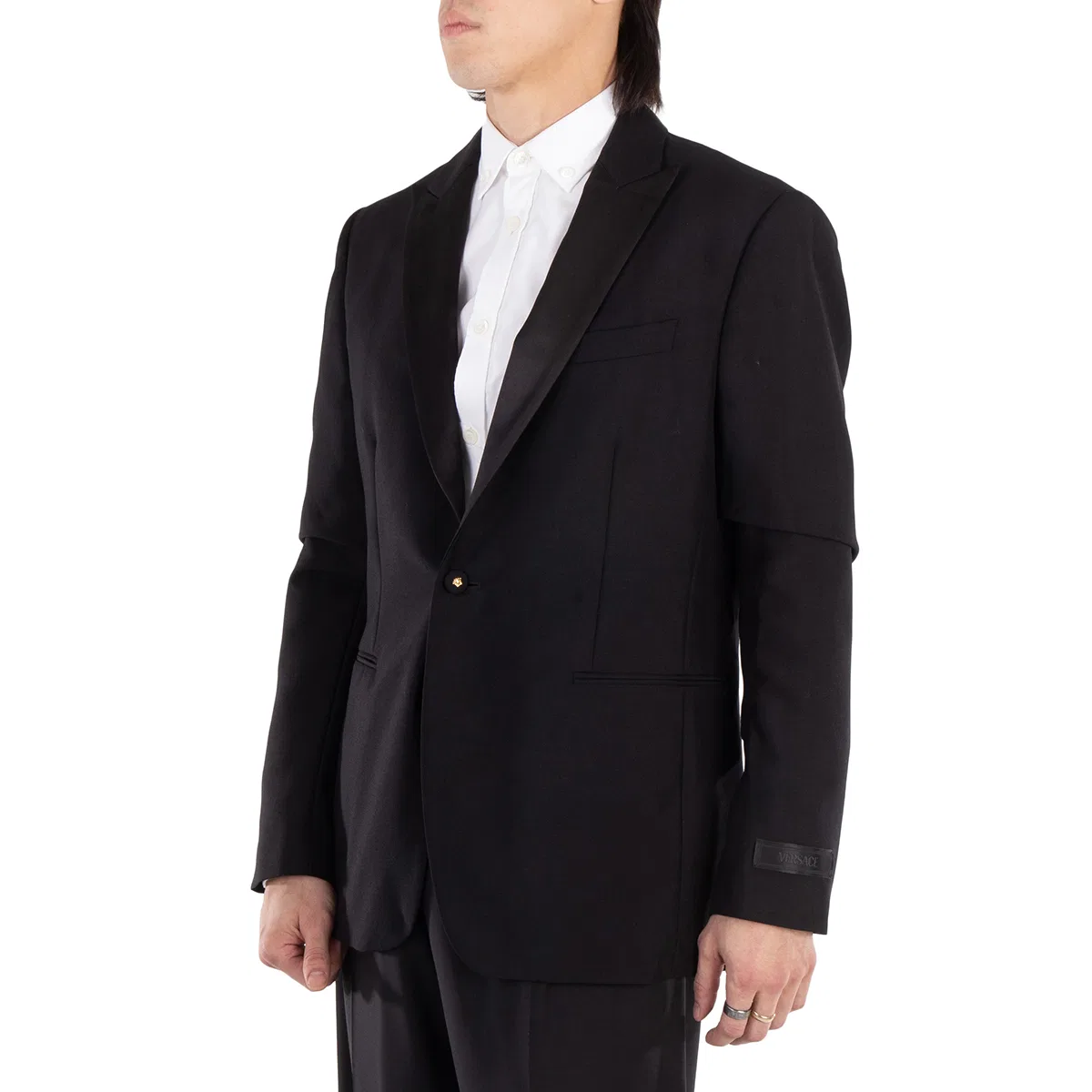 Блейзер однобортный с атласной отделкой Satin-Trim Single-Breasted Blazer Versace, Black — фото 2