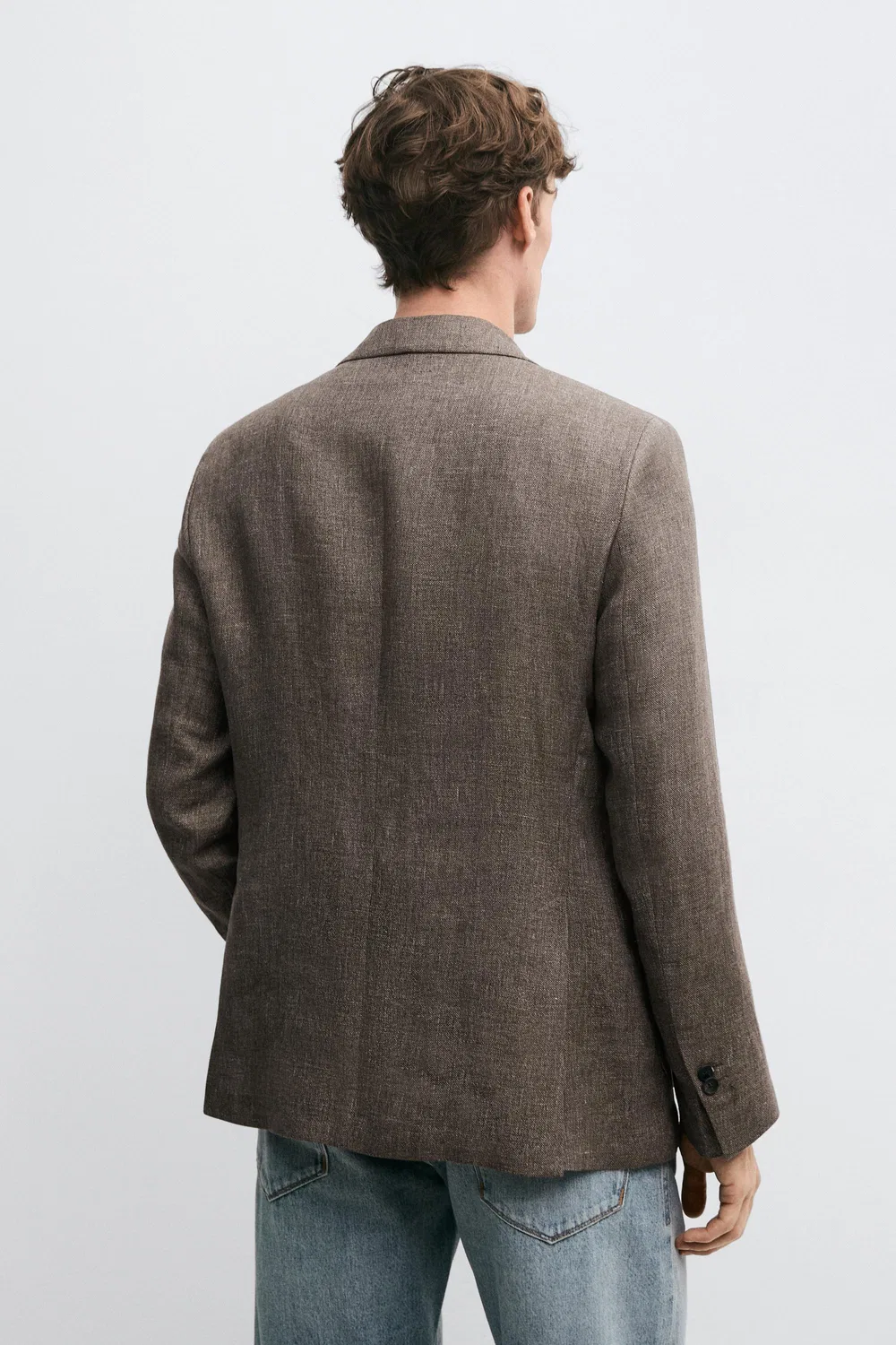 Приталенный меланжевый блейзер из 100% льна Massimo Dutti, бежевый меланж — фото 3