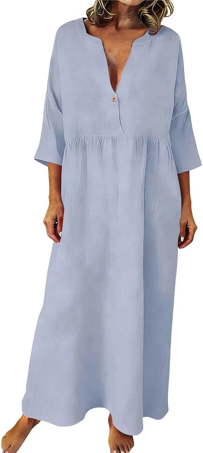 Женское свободное платье-макси с V-образным вырезом, Light Blue