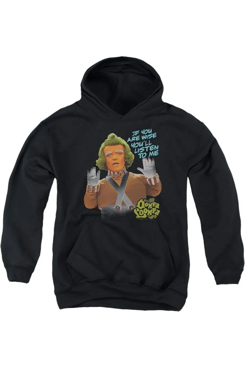 Детское худи с капюшоном с принтом Willy Wonka And The Chocolate Factory Oompa Loompa Listen Gildan, черный