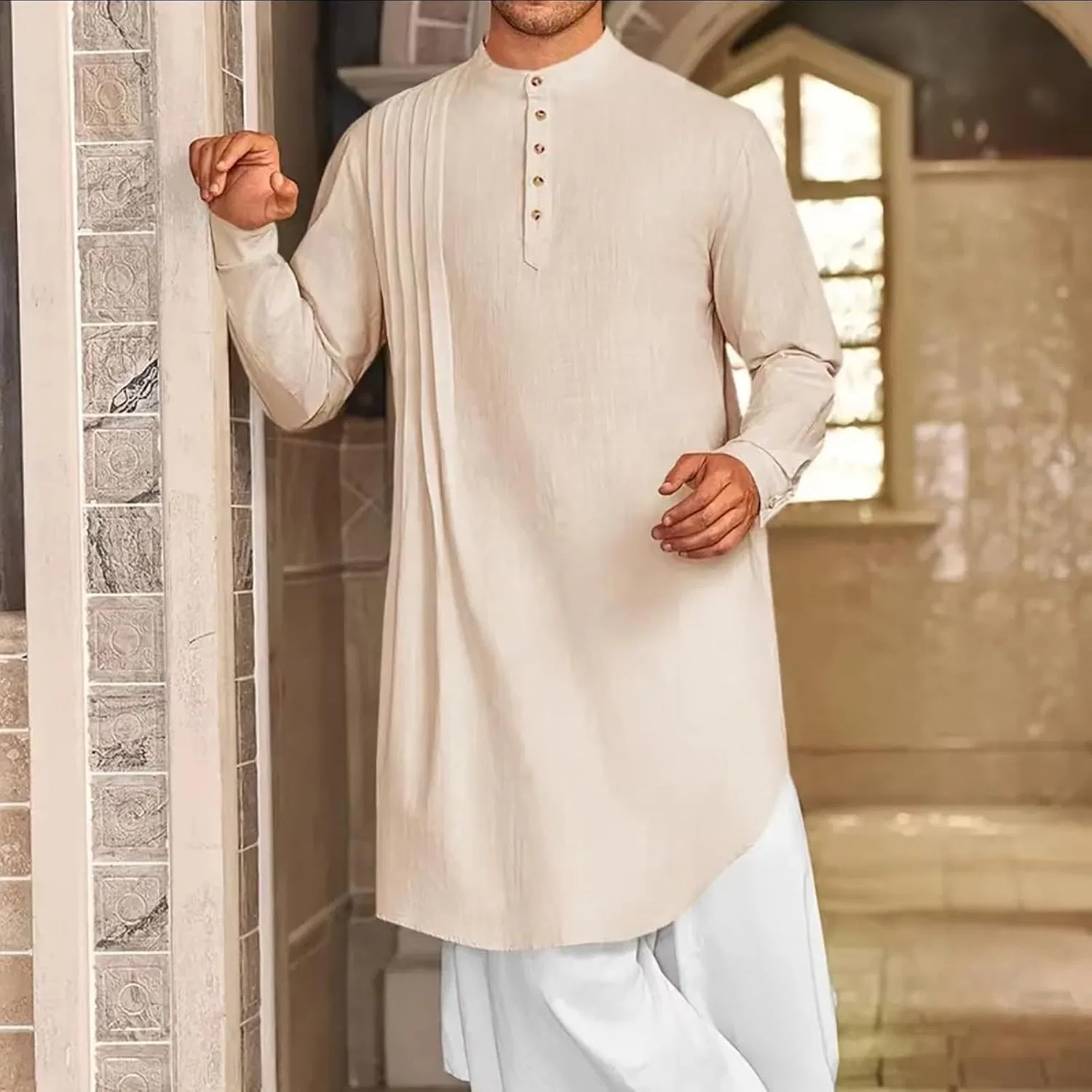 Мужская рубашка-кафтан с длинным рукавом, модель Kaftan Robe, хаки — фото 2