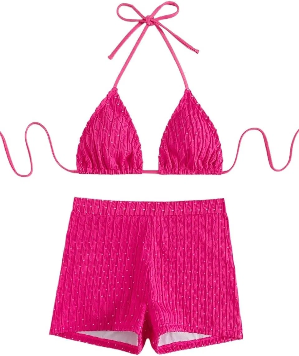 Женский бикини-сет с завязками на спине Halter, Hot Pink