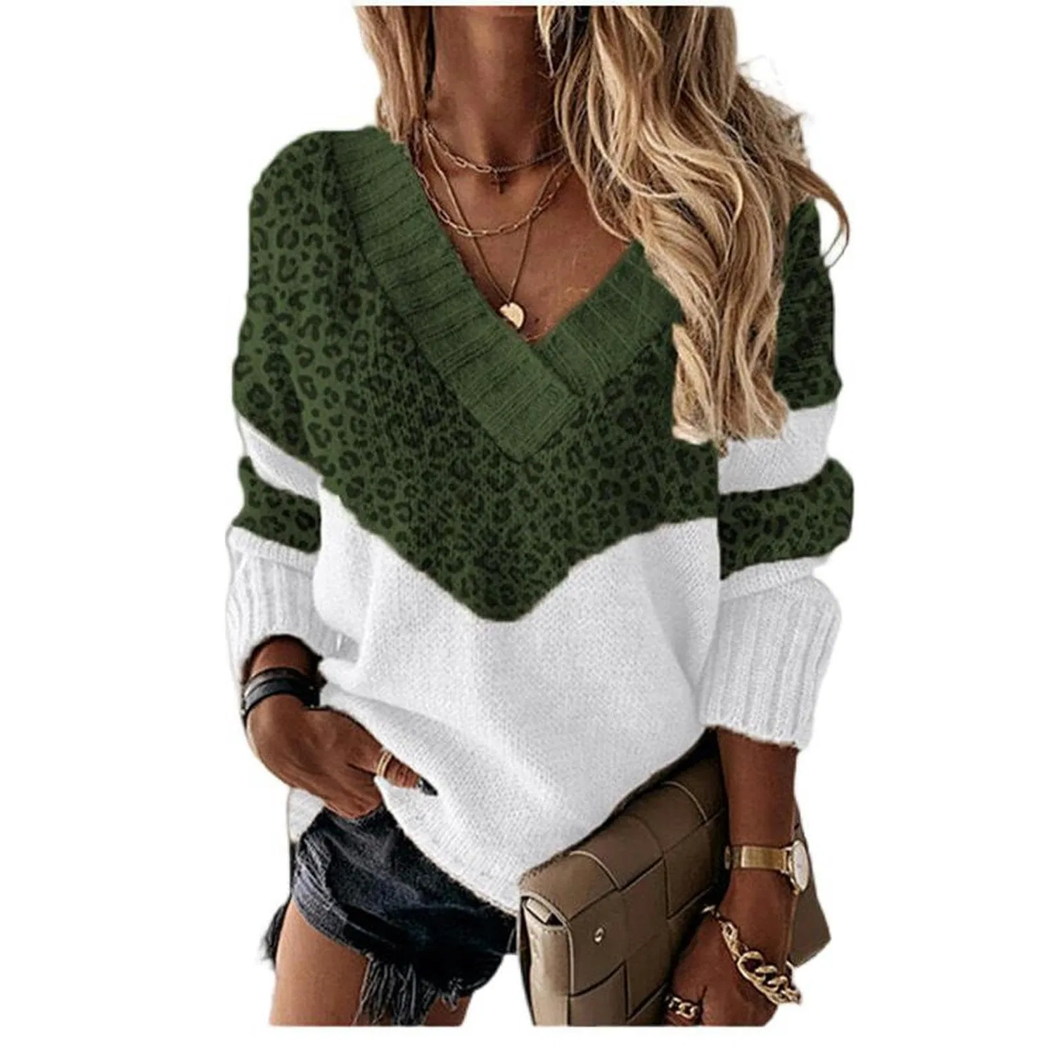 Женский свитер с V-образным вырезом и принтом Leopard Print Military Green, Army Green Leopard