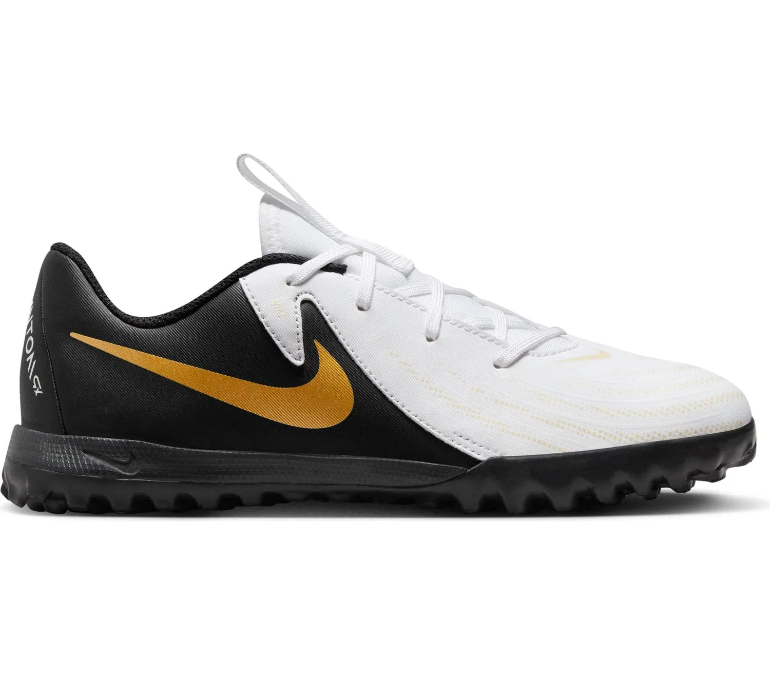 Детские бутсы футбольные для мальчиков с принтом Jr Phantom Gx Ii Academy Tf NIKE, White Black Mtlc Gold Coin — фото 2