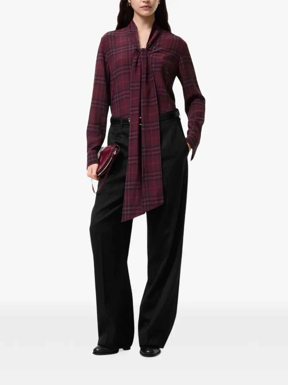 Шелковая блузка с шарфом в клетку BURBERRY, фиолетовый — фото 2