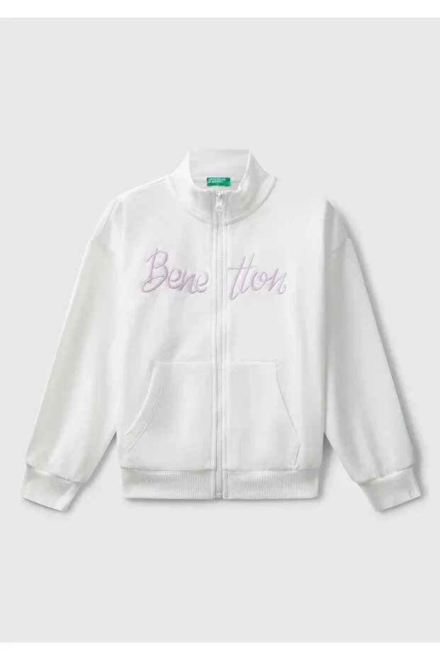 Детские свитшот для девочек с принтом Girl'S Ecru Zippered Stand Collar Sweatshirt With Logo Embroidered Pockets On The Front United Colors Of Benetton, Ecru