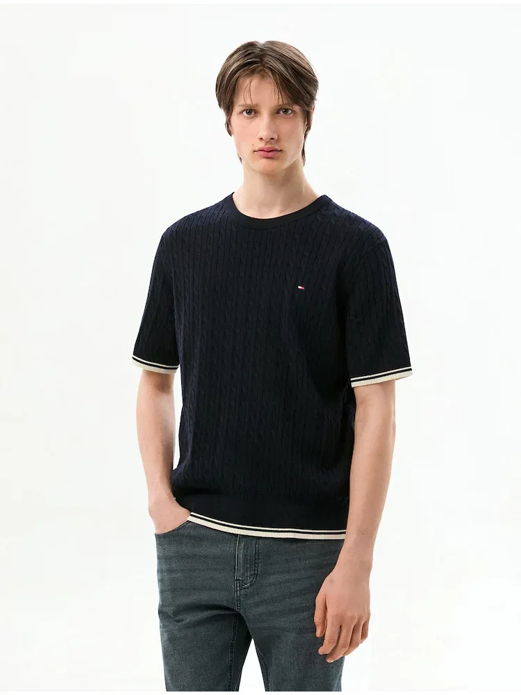 Свитер полувер, кабельный трикотаж TOMMY HILFIGER, Navy