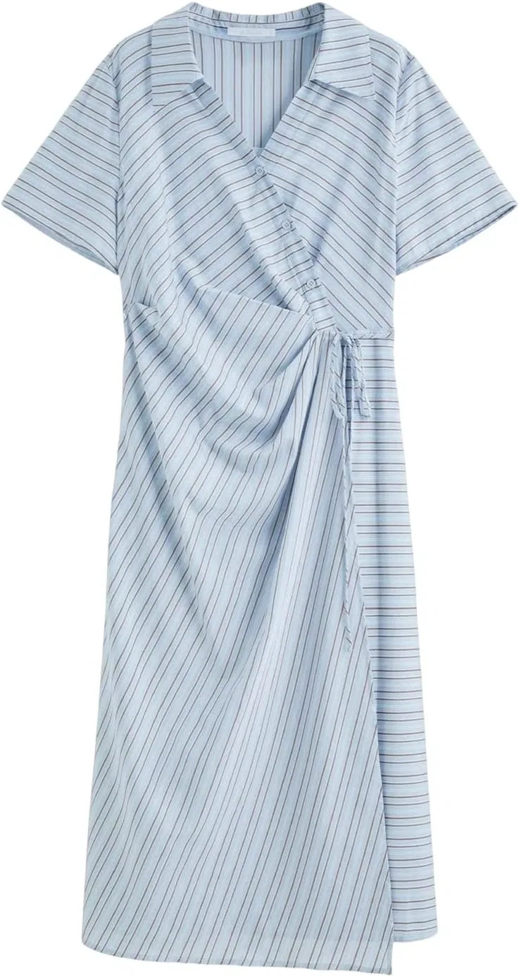 Женское платье-рубашка с перекрестным воротником офисное Casual, Sky Blue