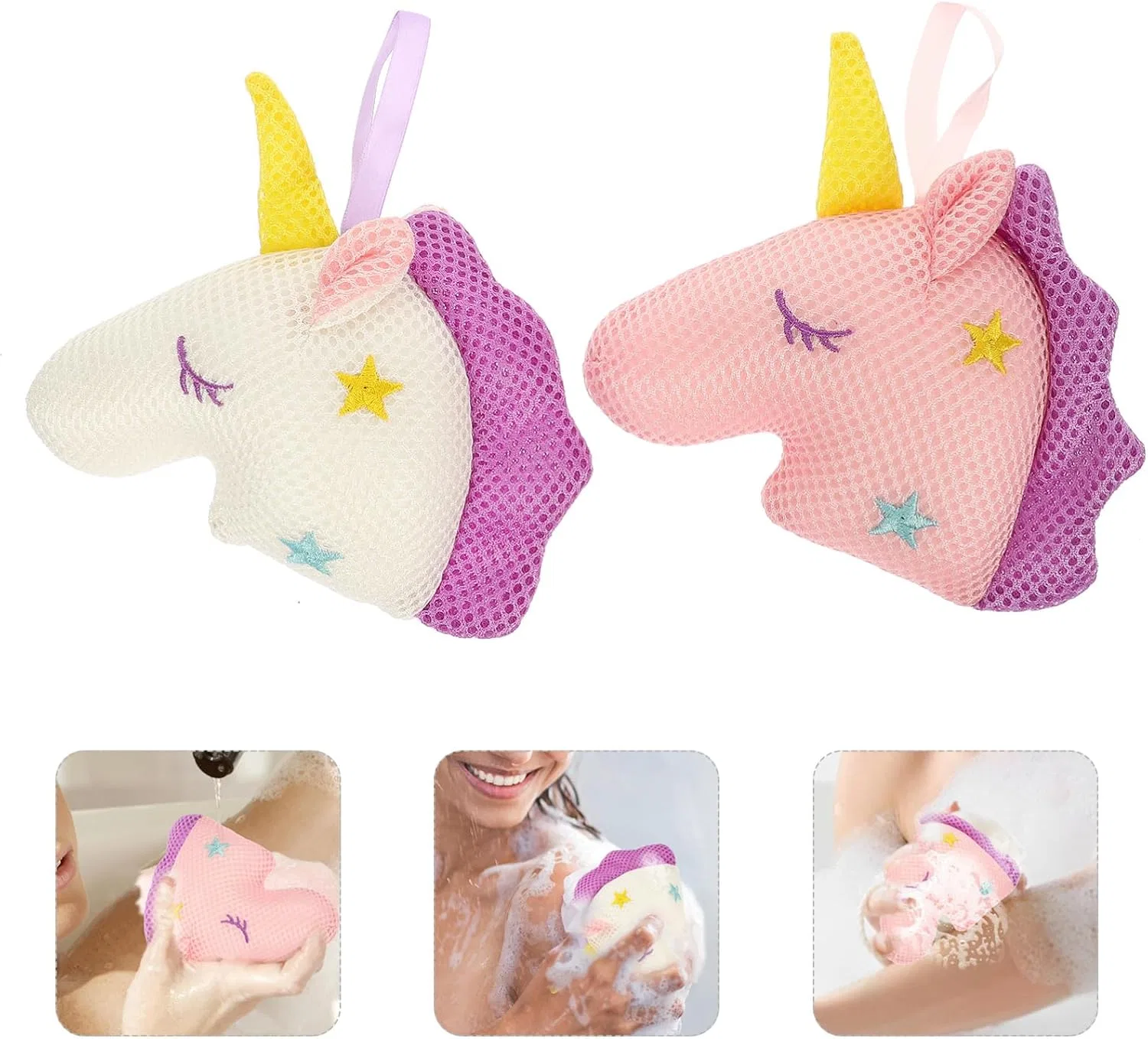 Мочалка для душа Unicorn, Beaupretty, набор 2 шт, 16x10x5 см, Белый/Розовый — фото 2