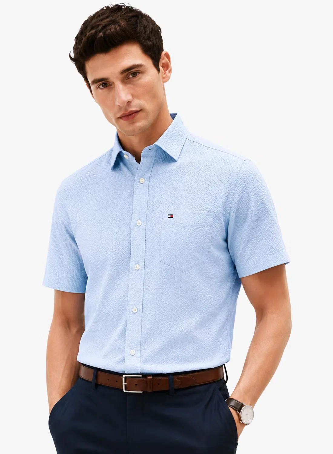 Рубашка с коротким рукавом Regular fit seersucker Tommy Hilfiger, голубой