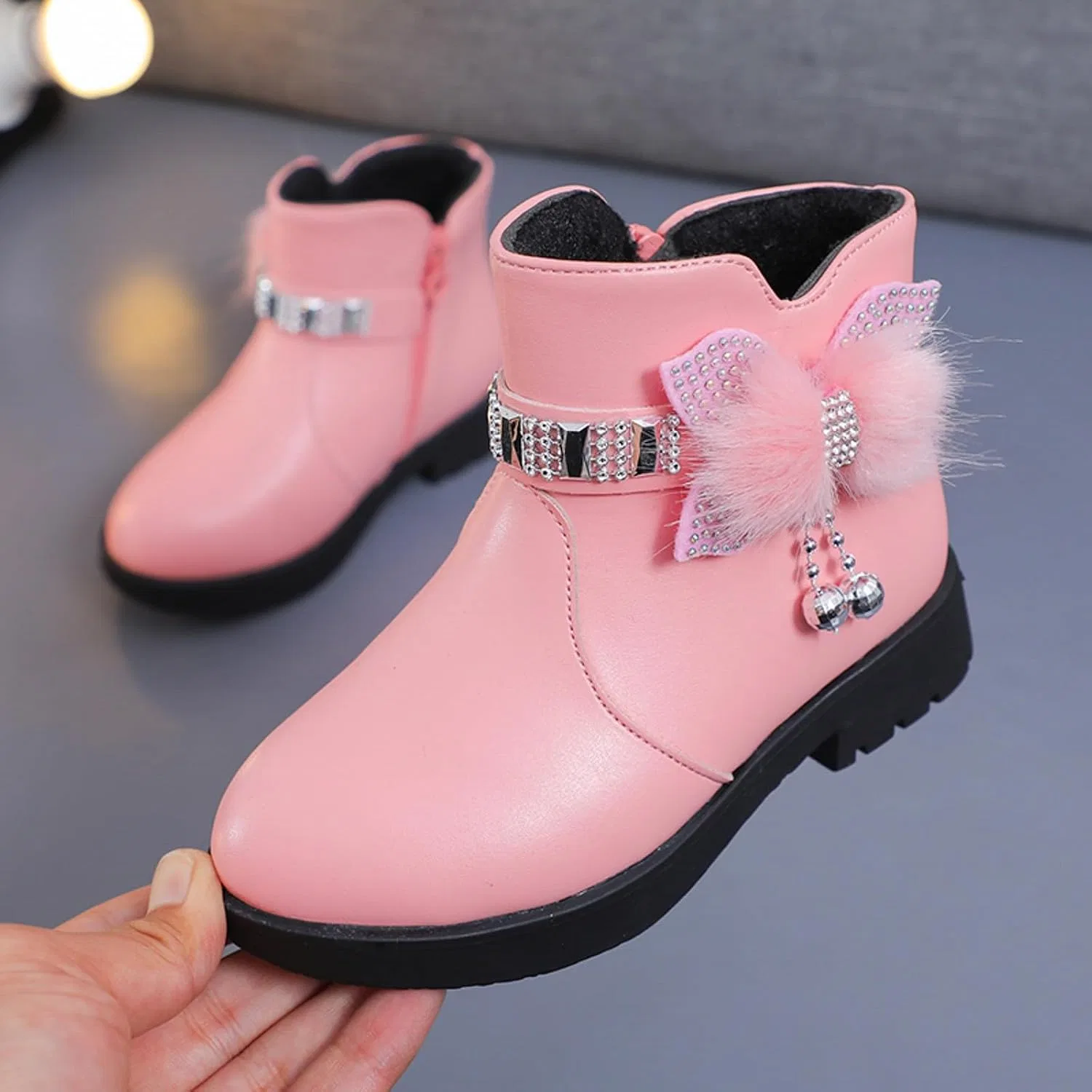 Детские зимние ботинки для девочек с бантом IWIHMIV, Pink — фото 2
