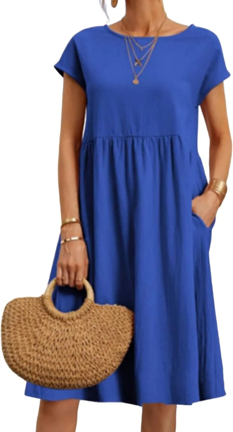 Женское льняное платье с коротким рукавом Casual Boho, Blue