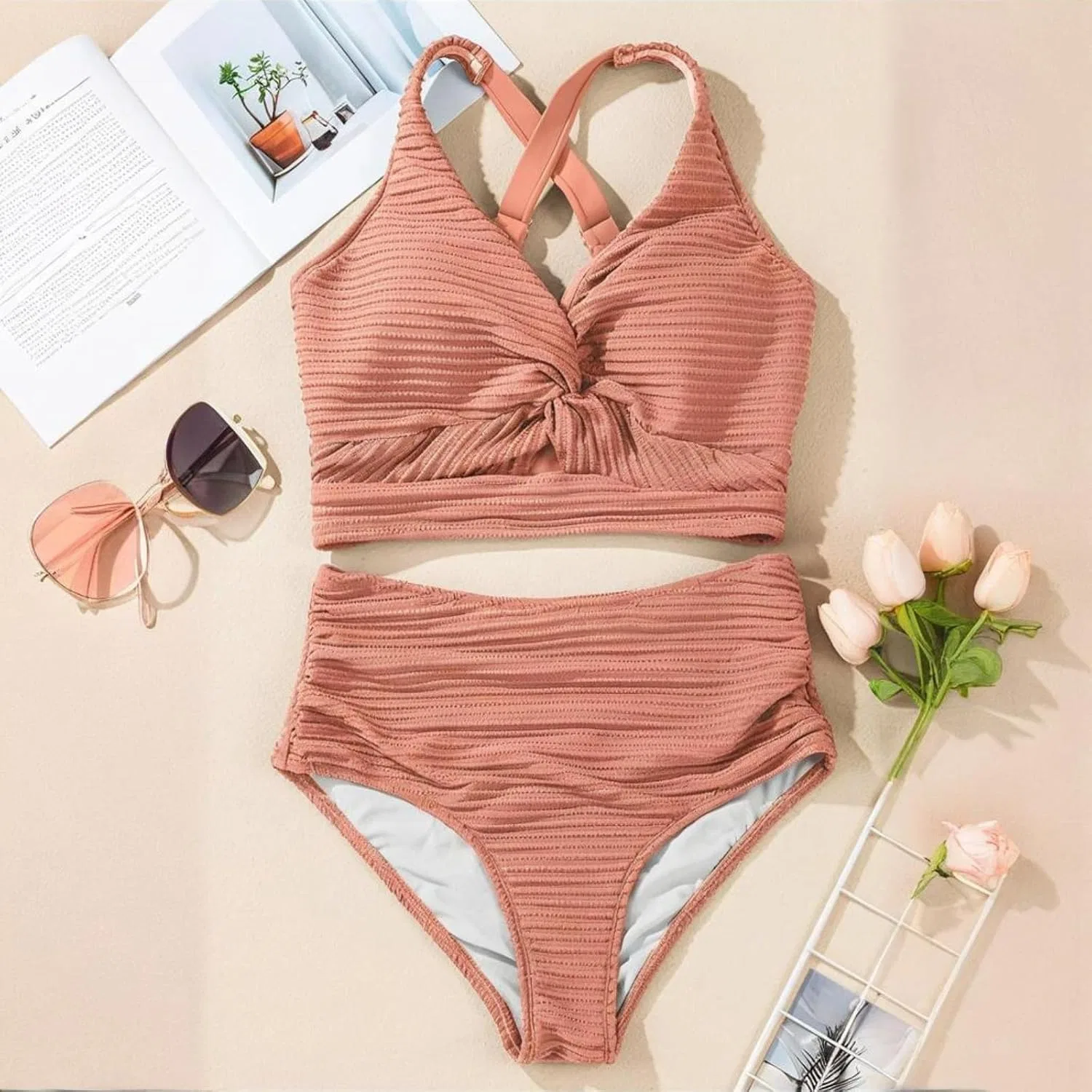 Женский купальный бикини-сет с высокой талией Hersea, Light Pink — фото 4
