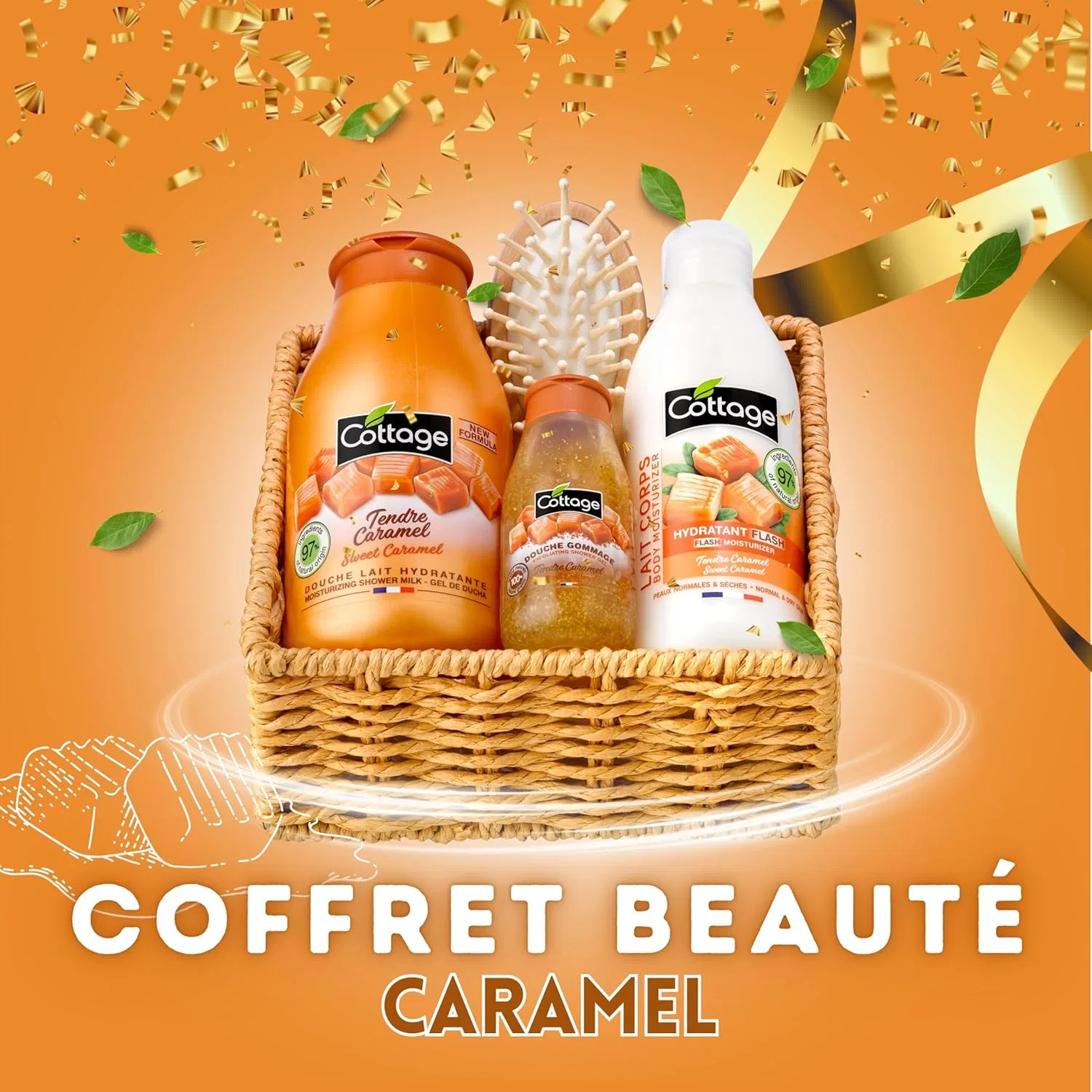 Набор для душа Cottage Soft Caramel, 1 гель для душа 250 мл + 1 скраб 50 мл + 1 молочко для тела 200 мл + 1 деревянная расческа — фото 3