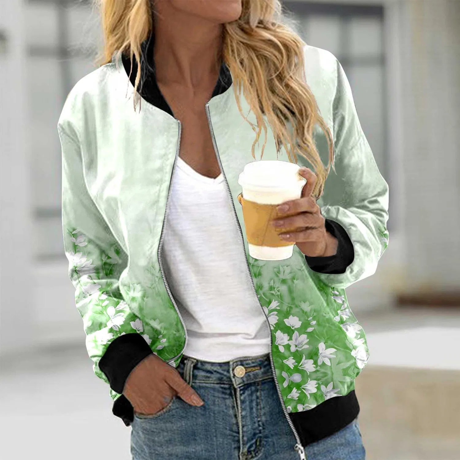Женское пальто с принтом Giacchetto Donna Corto-Top Cardigan Con Cappotto A Maniche Lunghe Allentato Casual Con Stampa Floreale Alla Moda Da Donna, Verde — фото 2