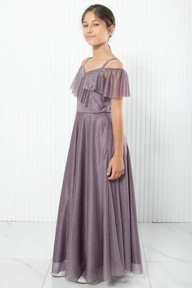 Детское платье для девочек с открытыми плечами из фатина Lilac glitter tulle strap boat neck graduation evening dress - dnm938 Denimini, Lila — фото 2
