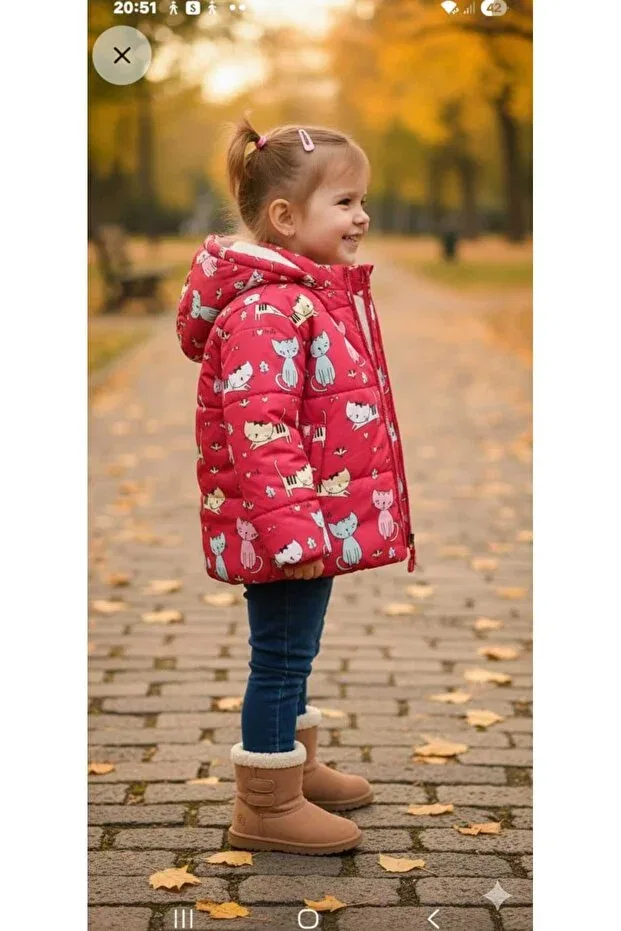 Детское пальто для девочек с принтом Cute girl's coat with cat pattern and fur inside Moda, Pink — фото 3