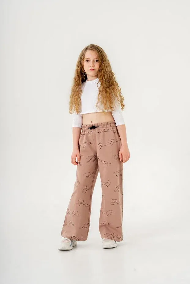 Детские спортивные штаны для девочек с принтом Wide Leg Mışıl Kids, Beige — фото 3