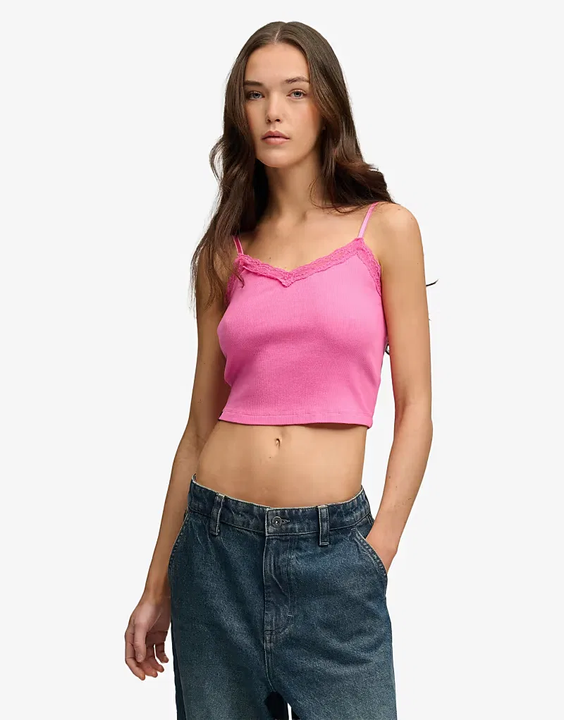 Укороченный топ Superdry Essential с кружевной отделкой, ярко-розовый