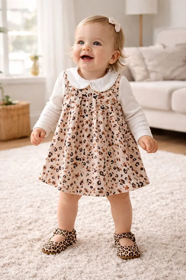 Детское платье для девочек с принтом Soft Leopard Printed Piece Gilet Dress & Peter Pan Collar Corded Fabric Bodysuit Combination Uğur Bebe, Leopard