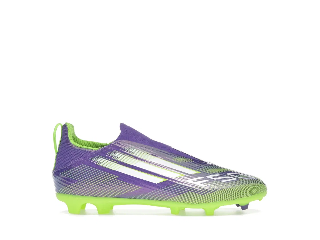 Детские бутсы с шнуровкой без шнурков Adidas F50 League Laceless FG/MG, Purple Rush Cloud White Lucid Lemon