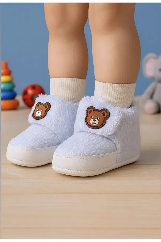 Детские ботинки для мальчиков с текстурой Premium Plush Teddy Bear Detailed Soft Sole Baby Boy Shoes-Baby Booties Eradkids, Ice Blue