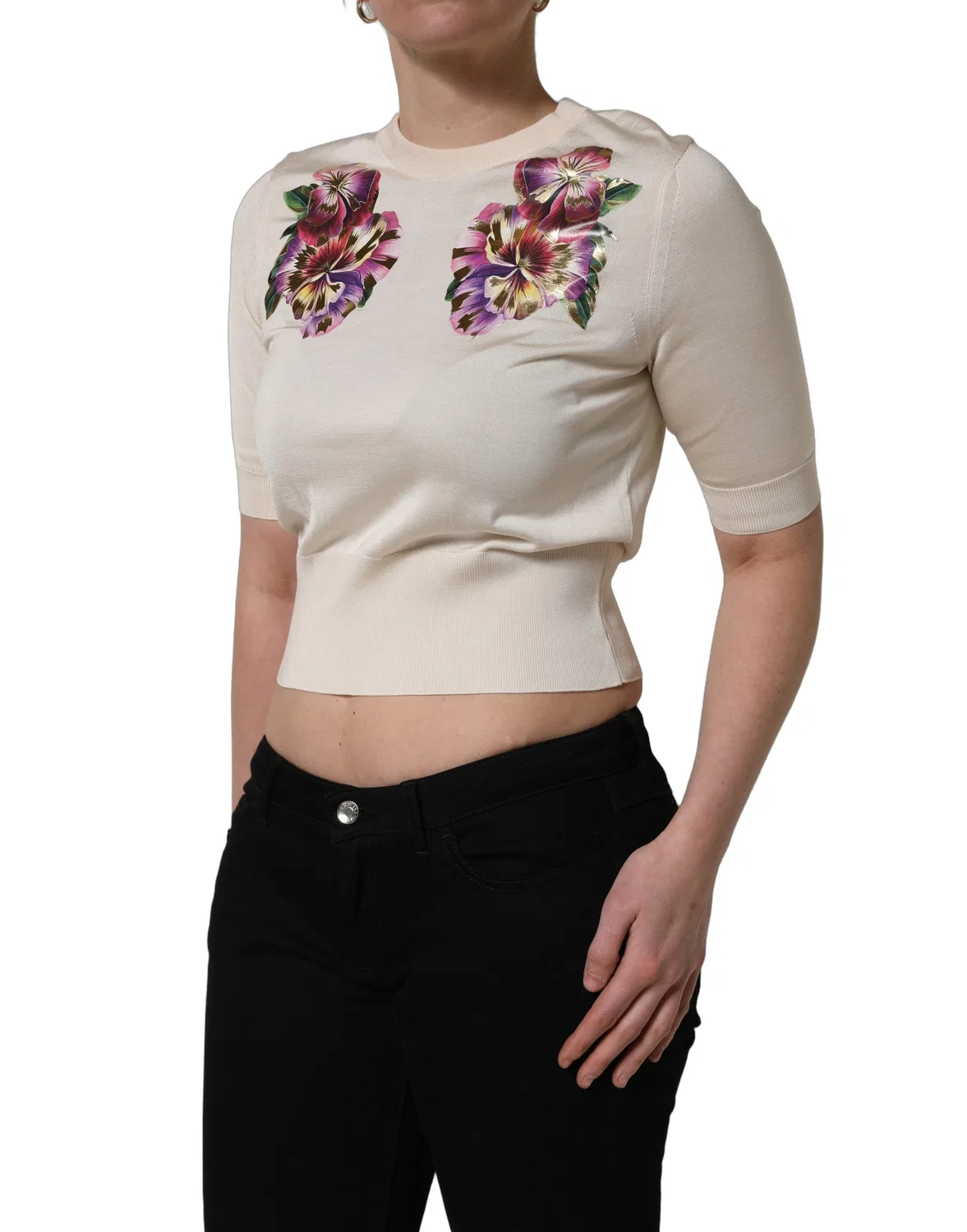 Женский пуловер с цветочным принтом из шелка Crew Neck Pullover Dolce & Gabbana, Beige — фото 4