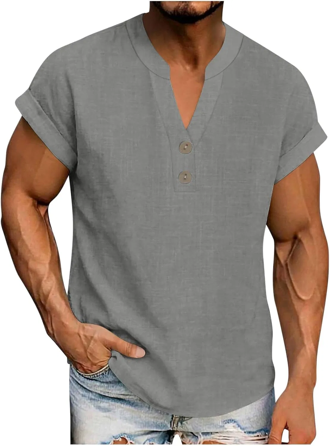 Мужская футболка с V-образным вырезом Henley, Gray