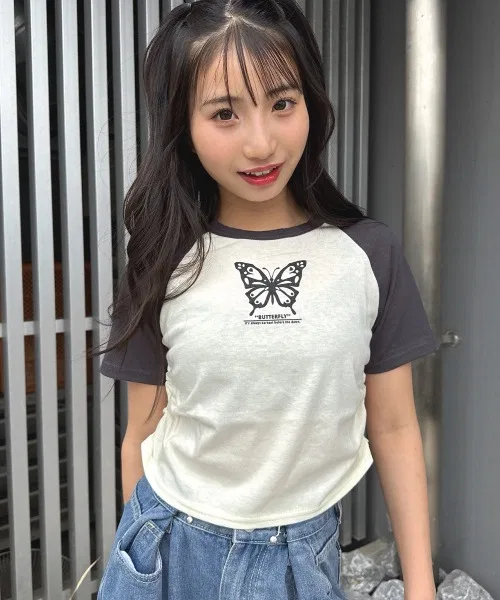 Детская футболка с коротким рукавом с принтом Butterfly Raglan RandS, Ivory