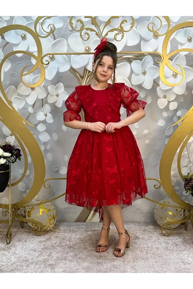 Детское платье для девочек кружевное с принтом Alya red butterfly patterned tailed short-sleeved lace girls dress with buckle accessories Alya Butik, Red