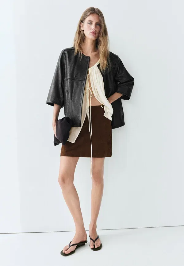 Юбка кожаная A-line skirt Massimo Dutti, Brown, коричневый — фото 2