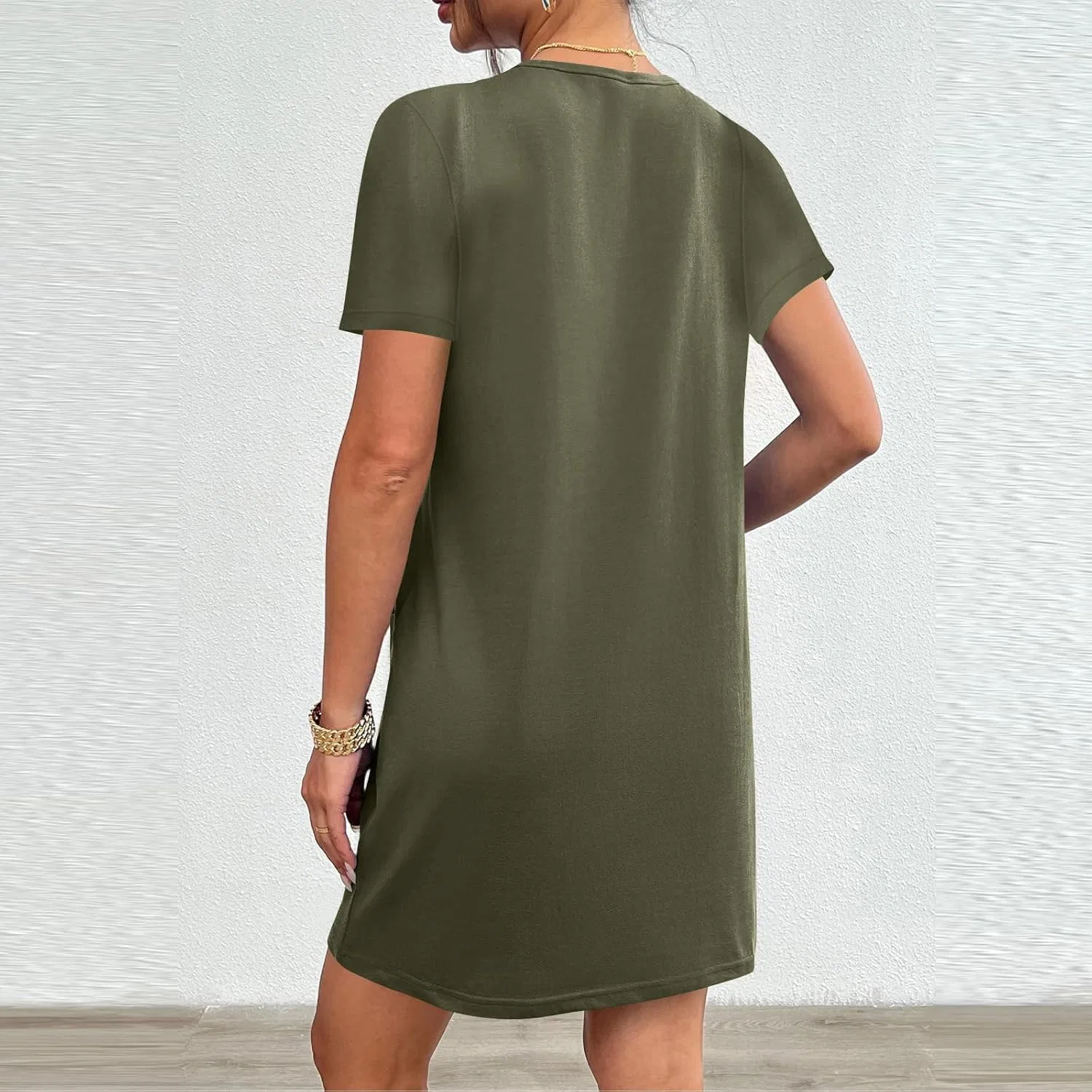 Женское повседневное платье с коротким рукавом и карманами Generic, Army Green — фото 3