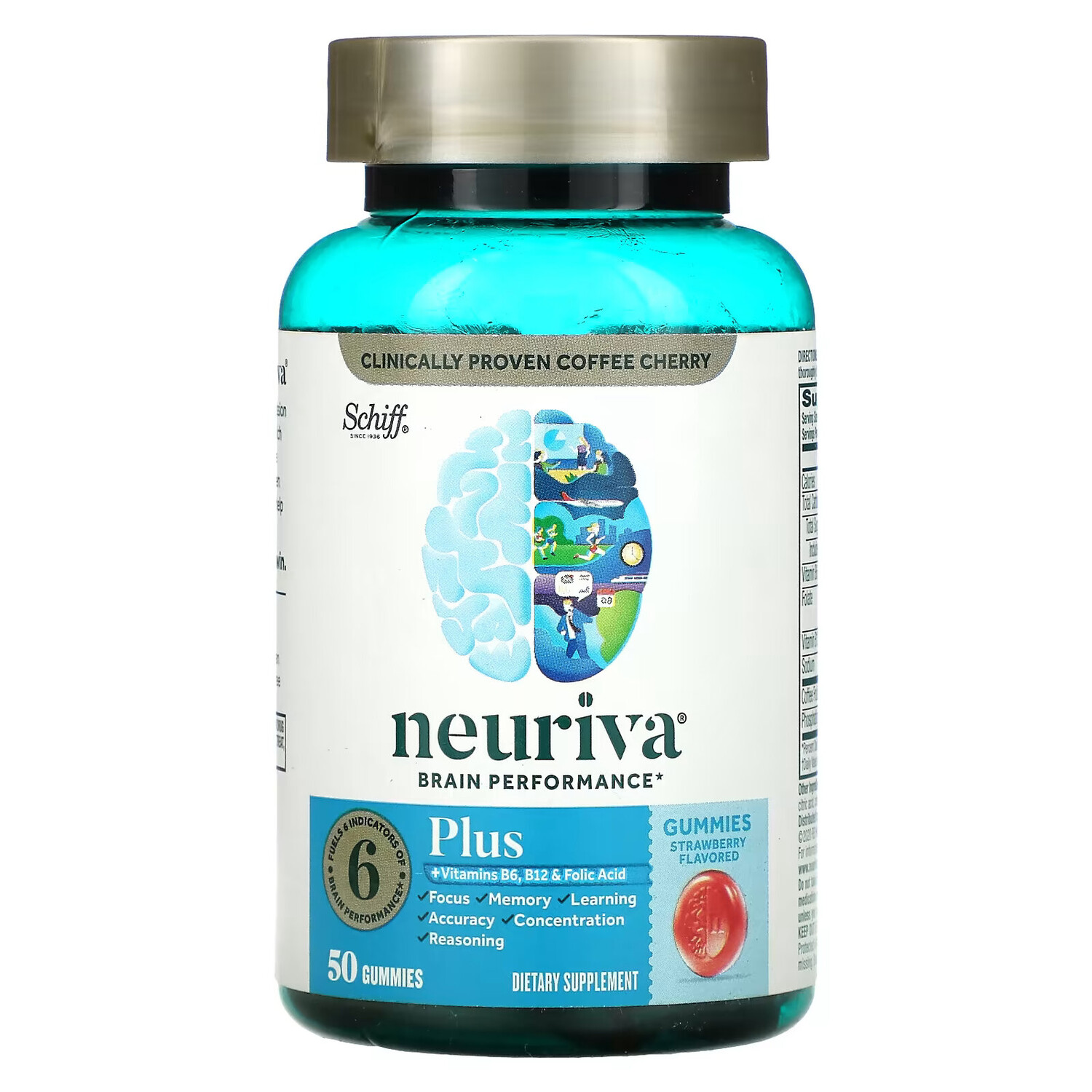 

Schiff, Neuriva Brain Performance, с витаминами B6, B12 и фолиевой кислотой, клубника, 50 жевательных таблеток