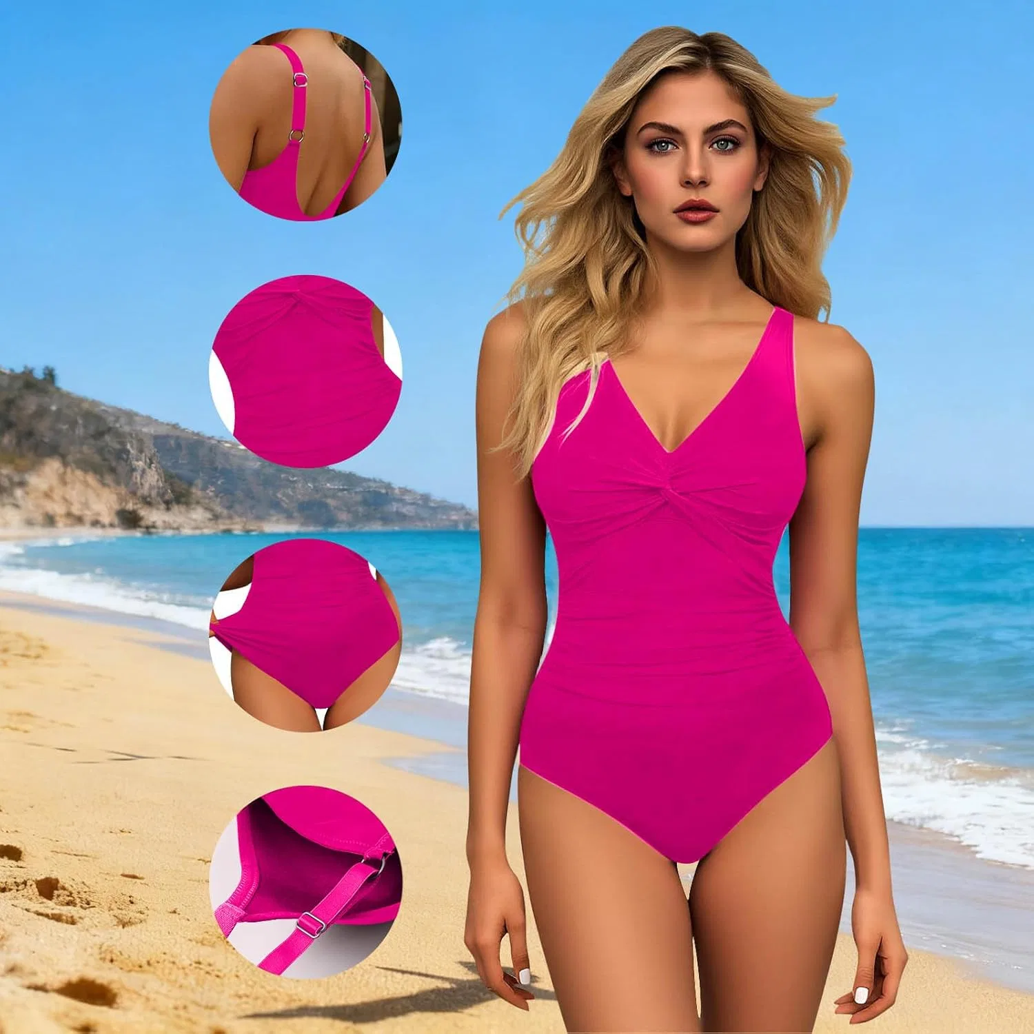 Женский слитный купальник с утяжкой живота рубашка Generic, Hot Pink — фото 4