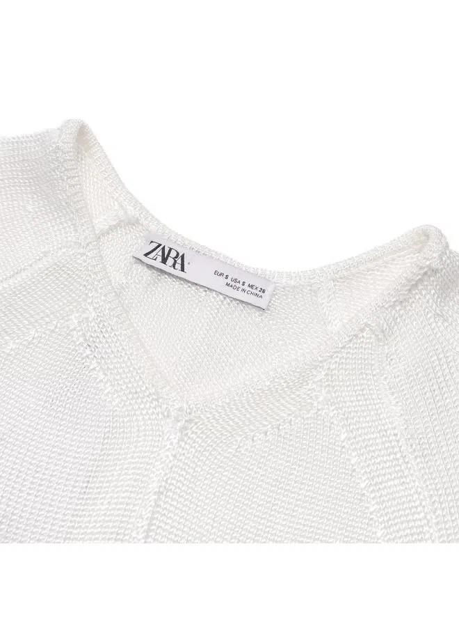 Пуловер с длинным рукавом и V-образным вырезом Zara, белый — фото 4