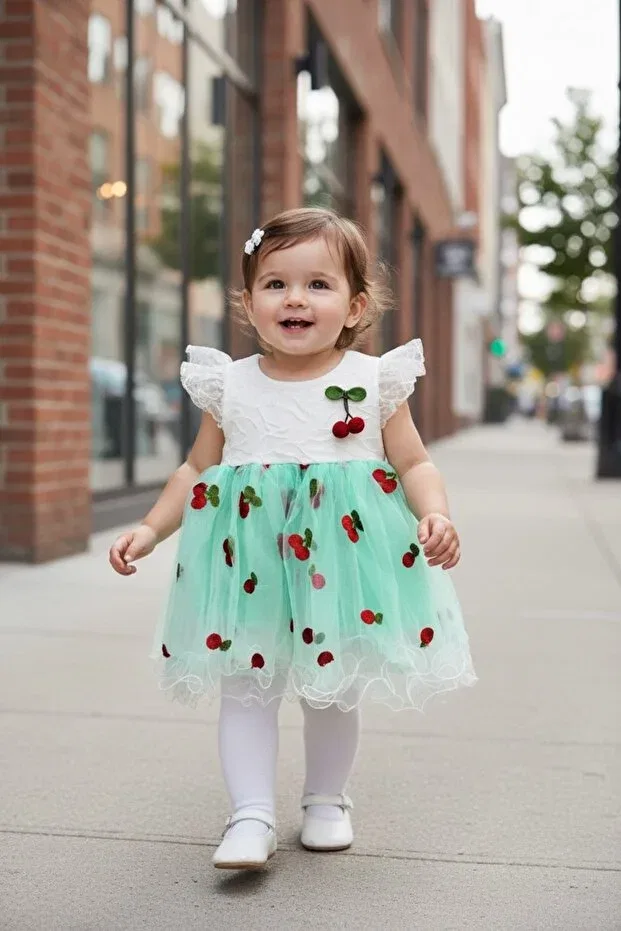 Детское платье для девочек с принтом Cherry Patterned Shoulder Ruffle Summer Tuffito, Turquoise — фото 2