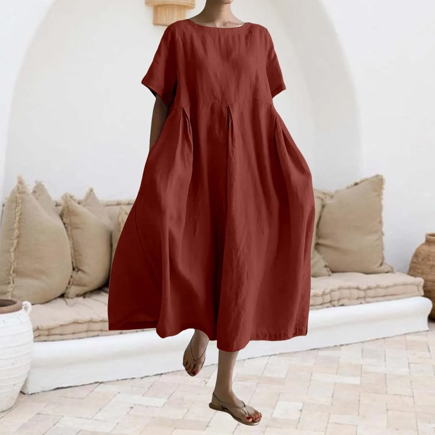 Женское свободное платье из льна с хлопком Oversized Crew Neck Short Sleeve Long Dresses Ruffle Hem Flowy Maxi Dress, Wine Red — фото 2