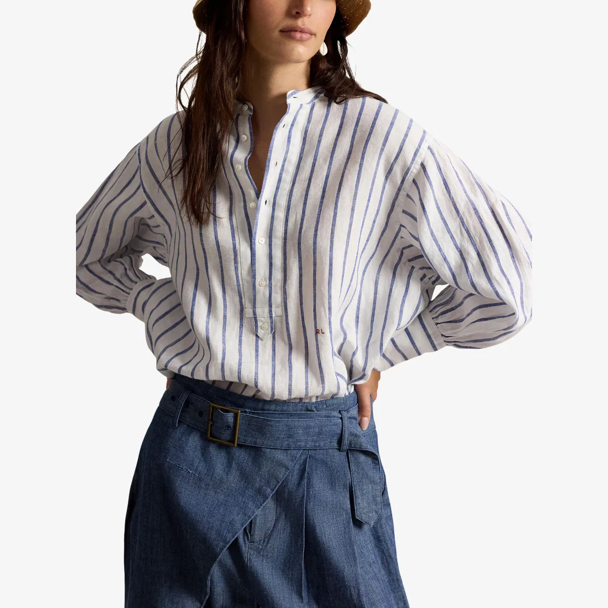 Полосатая льняная рубашка с вышитым логотипом Polo Ralph Lauren, белый — фото 3