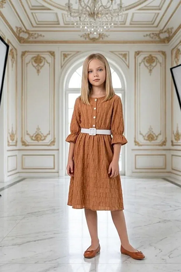 Детское платье для девочек с принтом Buttoned belted wrinkled fabric holiday dress Abiyekids, Camel